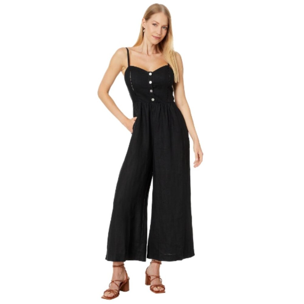Madewell Campbell Black Jumpsuit Wide Leg Cropped Cut Out Trim Size 2 FLAW NWT
